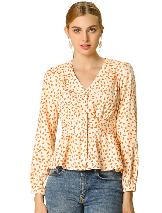 Women's Elegant V Neck Dots Print Smocked Ruffled Hem Button Peplum Blouse