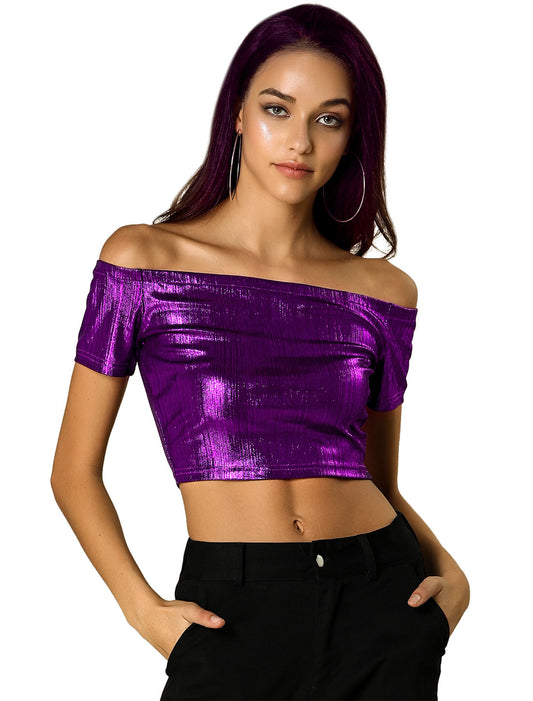 Women's Off Shoulder Party Club Slim Fit Shiny Metallic Crop Top