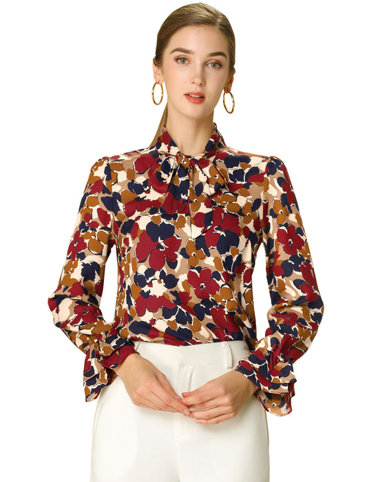 Blusa de gasa con volantes y cuello con lazo floral de manga larga para mujer