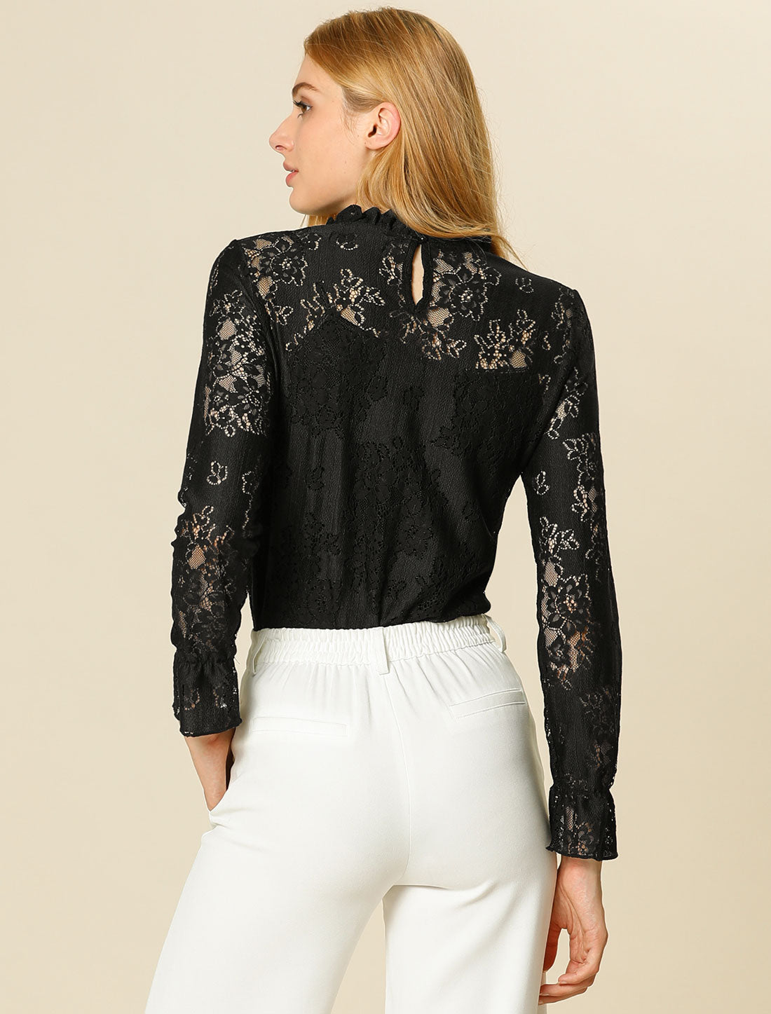 Women's Elegant See Through Top Ruffle Frill Neck Long Sleeve Floral Lace Blouse