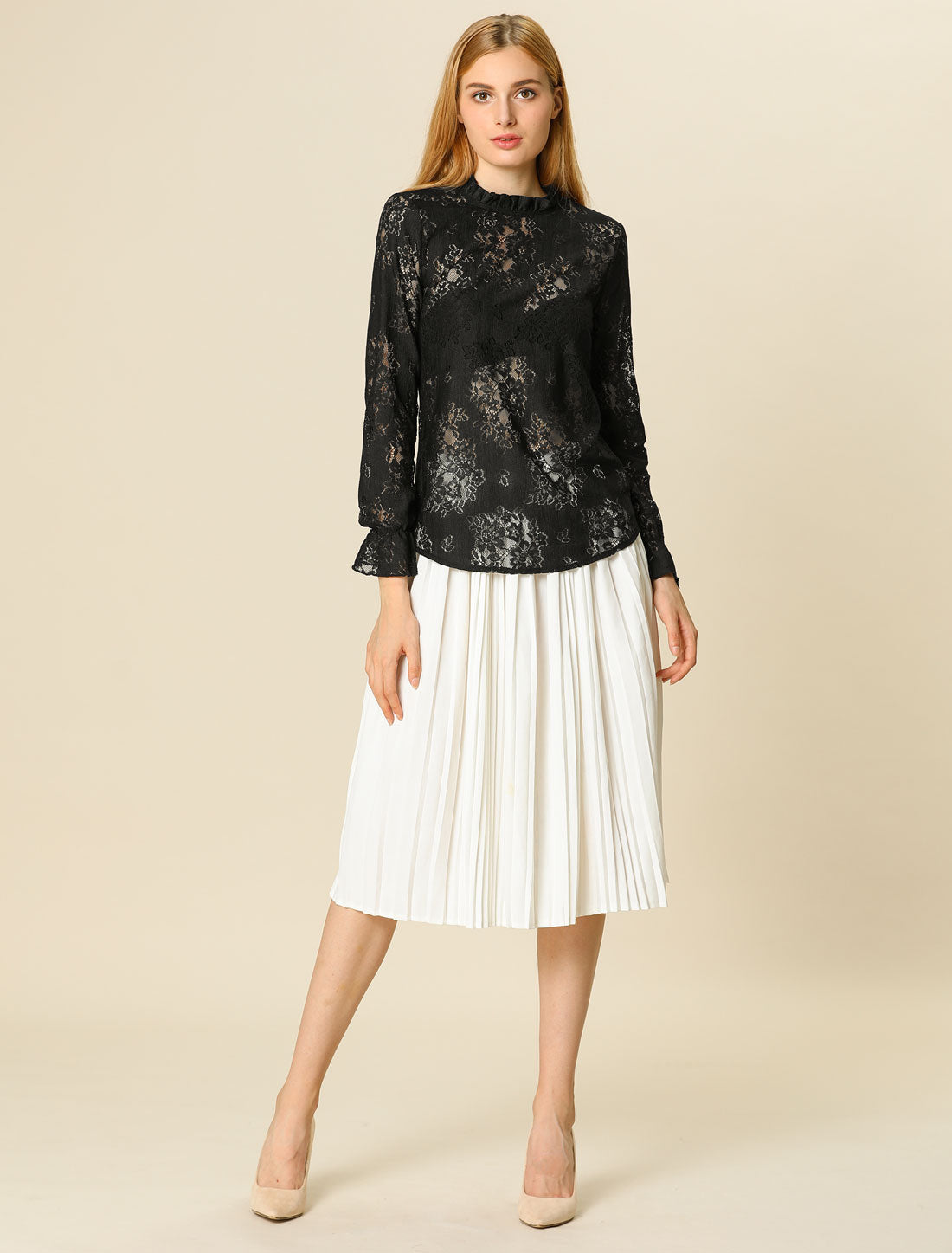Women's Elegant See Through Top Ruffle Frill Neck Long Sleeve Floral Lace Blouse