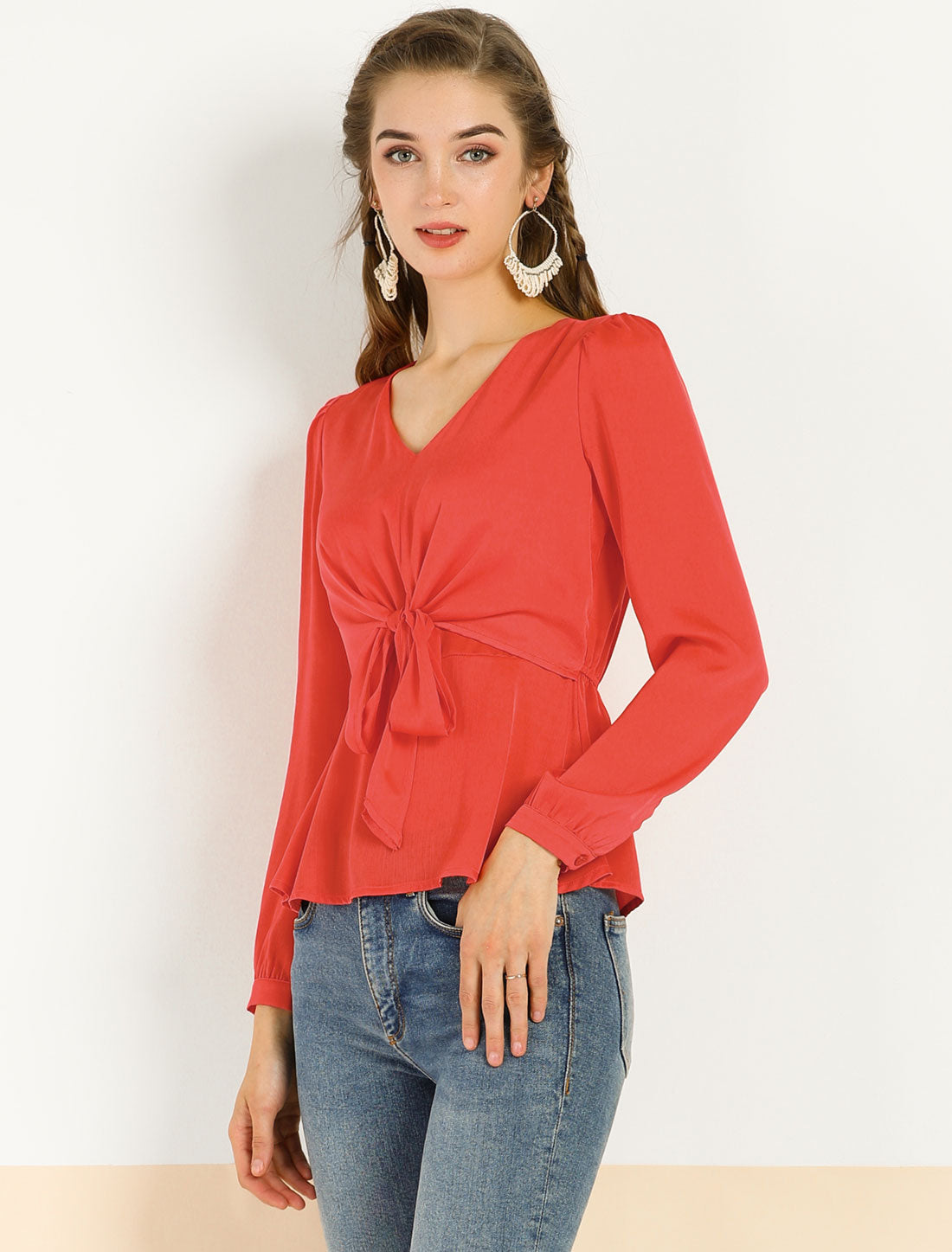 Blusa elegante con lazo en la cintura y escote en V para mujer