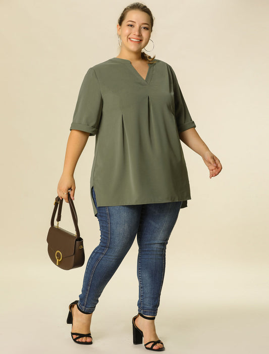 Women's Plus Size Blouse V Neck Casual Solid Blouses 1/2 Sleeve Tunic Top