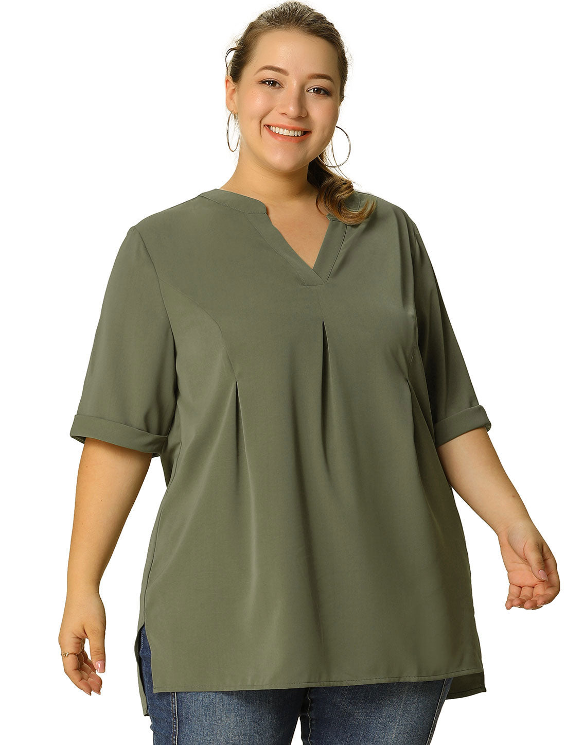 Women's Plus Size Blouse V Neck Casual Solid Blouses 1/2 Sleeve Tunic Top