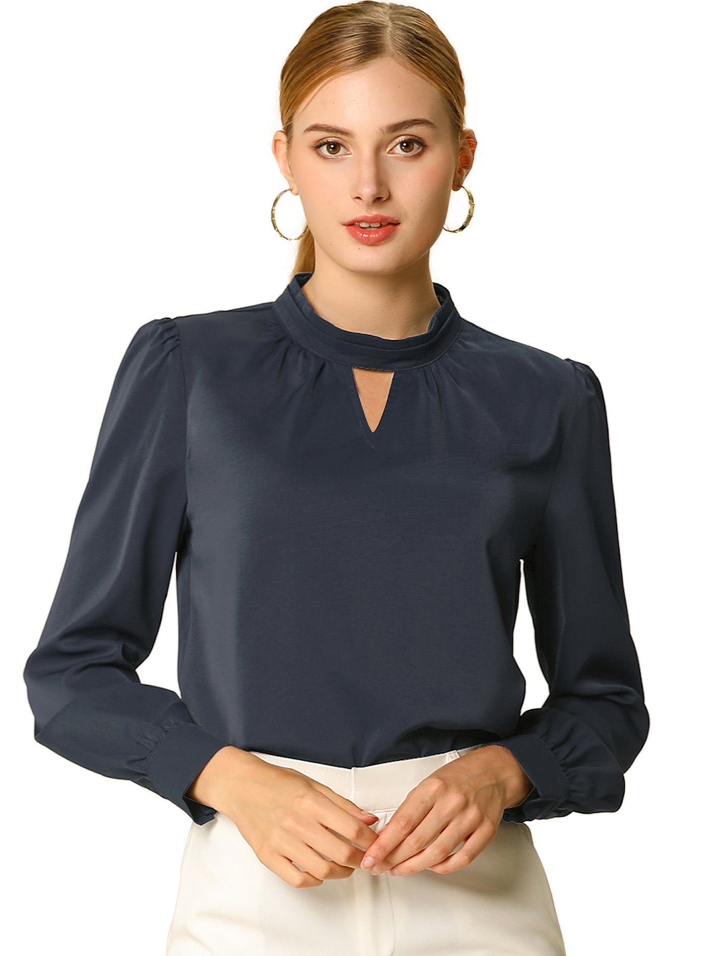 Women's Work Tops Business Casual Shirt Elegant Stand Collar Keyhole Long Sleeve Blouse (Available in Plus Size)