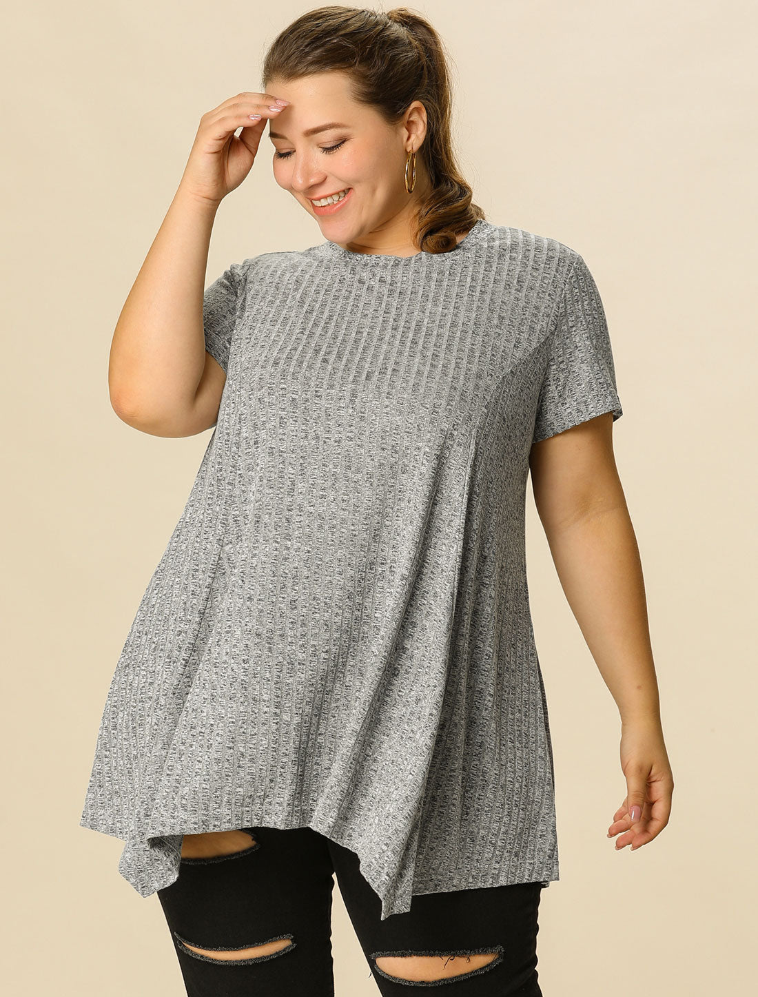 Women's Plus Size Short Sleeve Tunic Handkerchief Hem Summer Casual Top