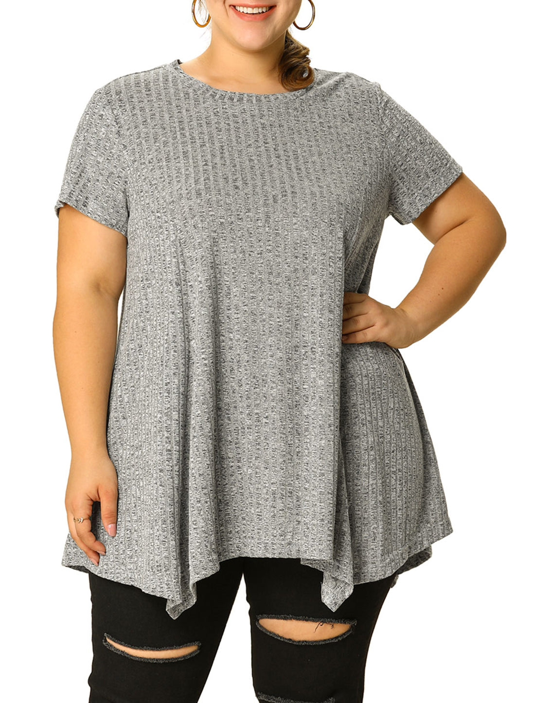 Women's Plus Size Short Sleeve Tunic Handkerchief Hem Summer Casual Top