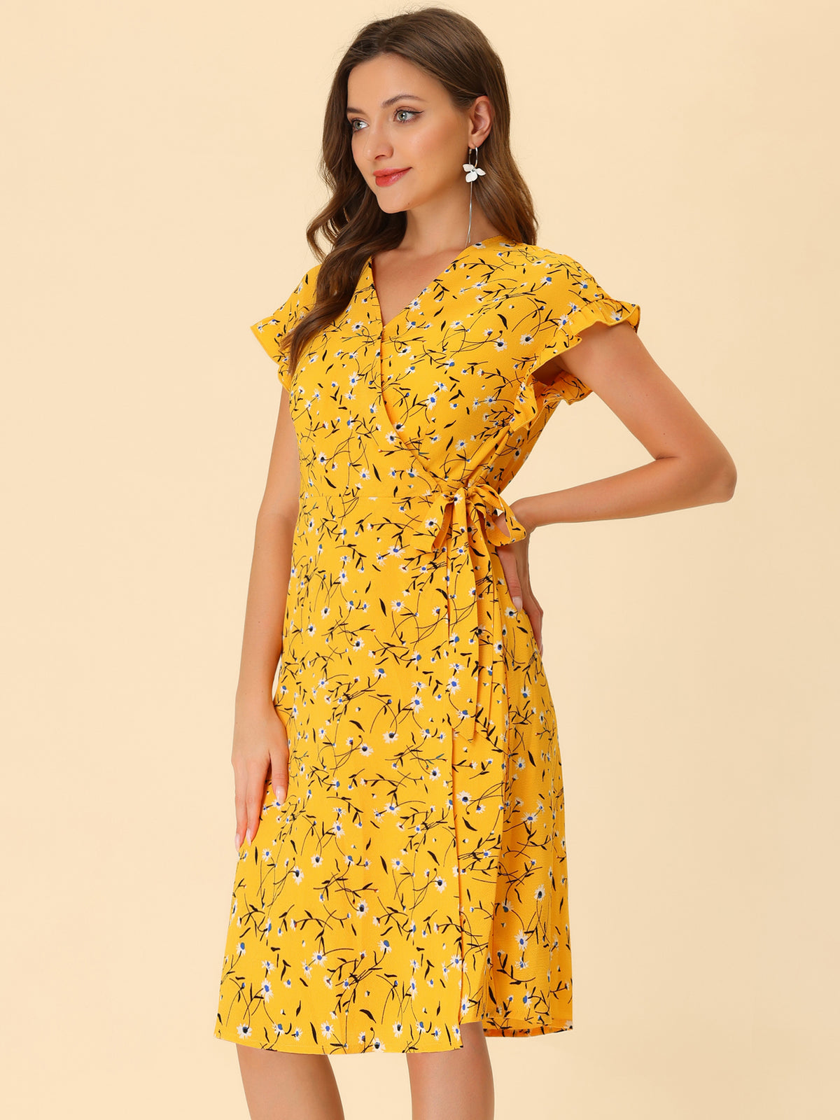 Women's Ditsy Floral Print V Neck Ruffle Flutter Sleeve Belted Midi Wrap Dress