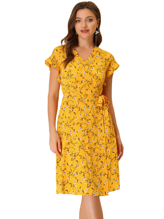 Women's Ditsy Floral Print V Neck Ruffle Flutter Sleeve Belted Midi Wrap Dress