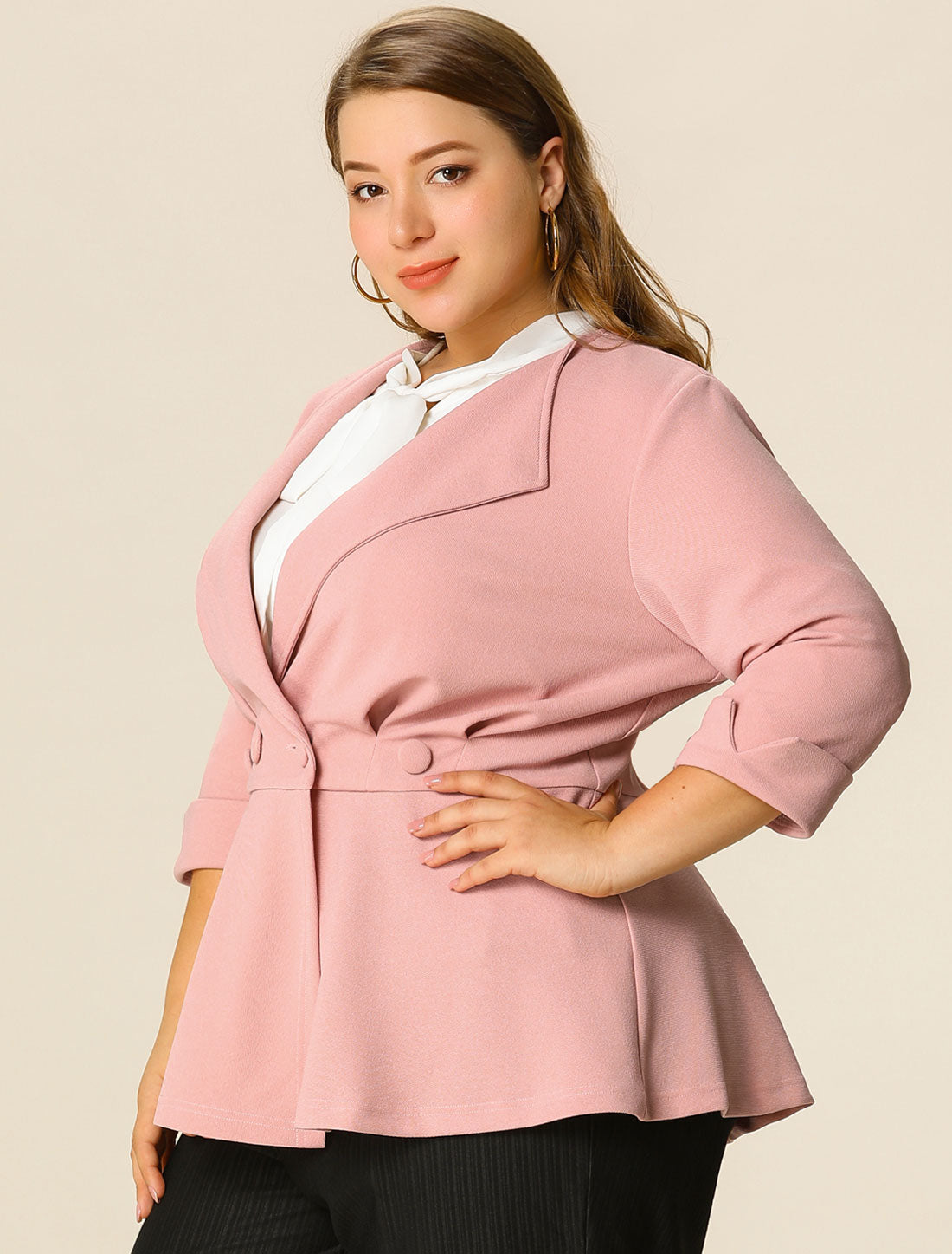 Women's Plus Size Casual Work Office Blazers Notched Lapel Button Peplum Blazer