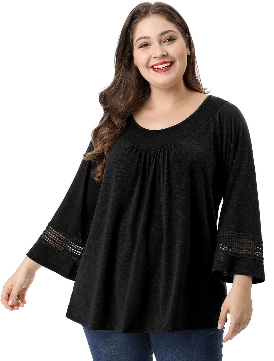 Women's Plus Size Tops Long Sleeve Crochet Panel Hollow Out Pleated Tunics Blouse