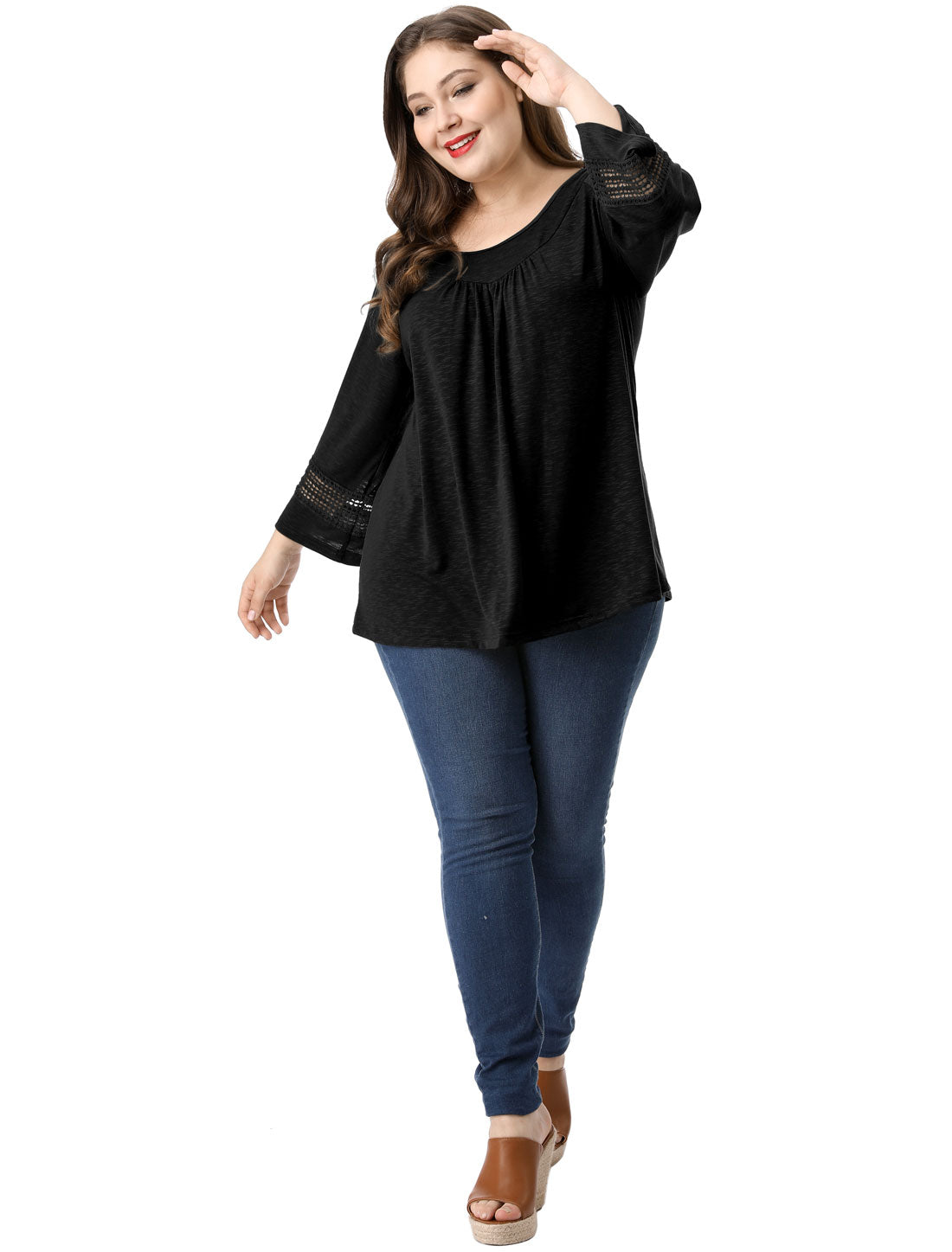 Women's Plus Size Tops Long Sleeve Crochet Panel Hollow Out Pleated Tunics Blouse