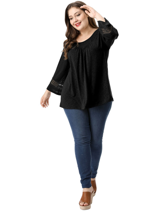 Women's Plus Size Tops Long Sleeve Crochet Panel Hollow Out Pleated Tunics Blouse