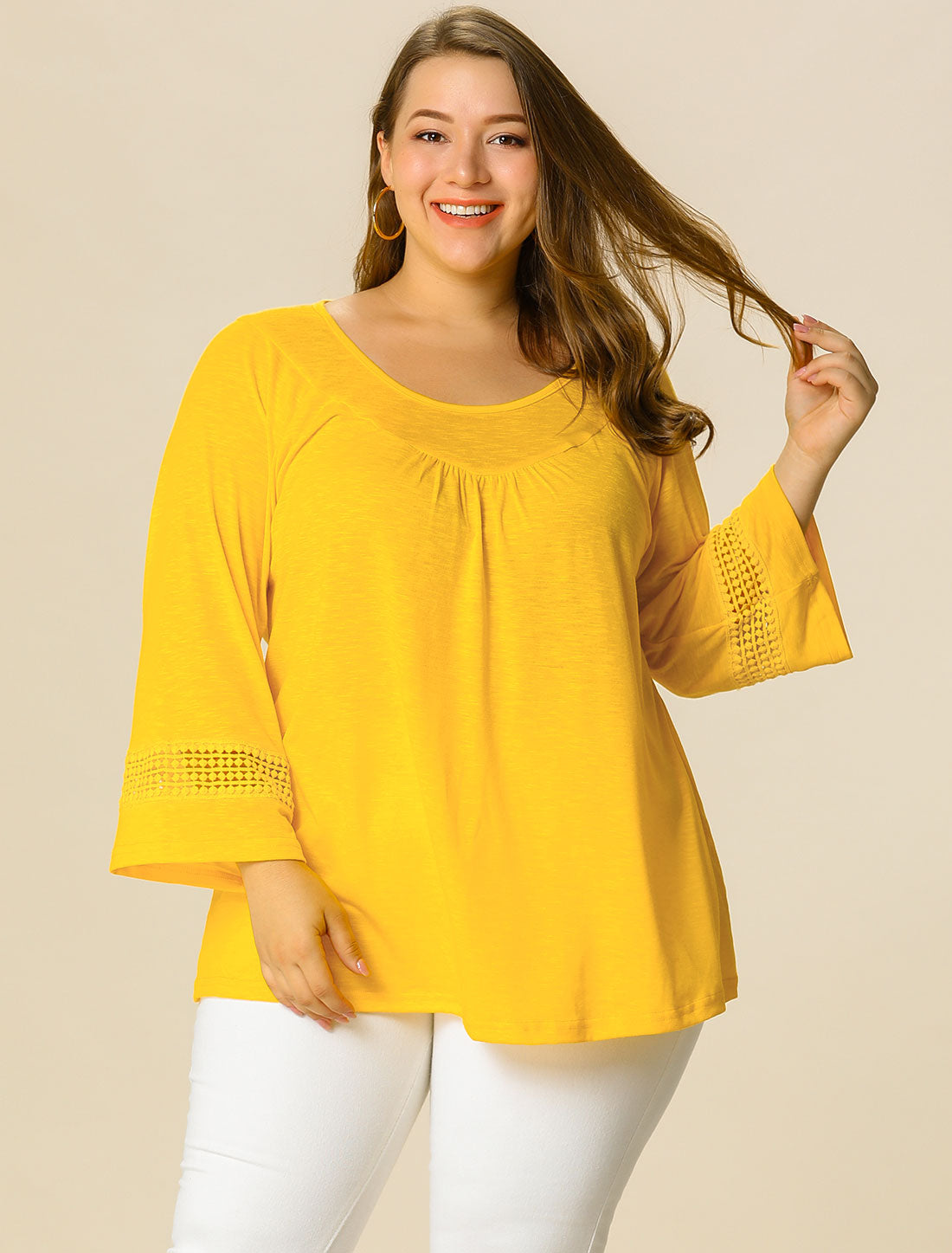 Women's Plus Size Tops Long Sleeve Crochet Panel Hollow Out Pleated Tunics Blouse