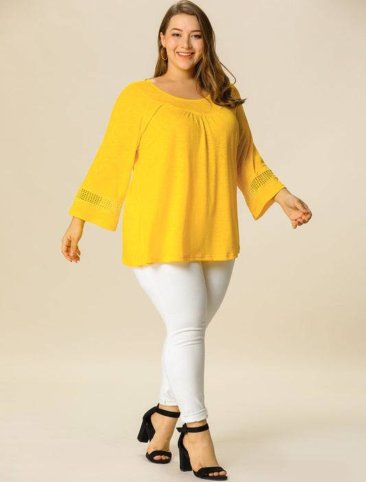 Women's Plus Size Tops Long Sleeve Crochet Panel Hollow Out Pleated Tunics Blouse