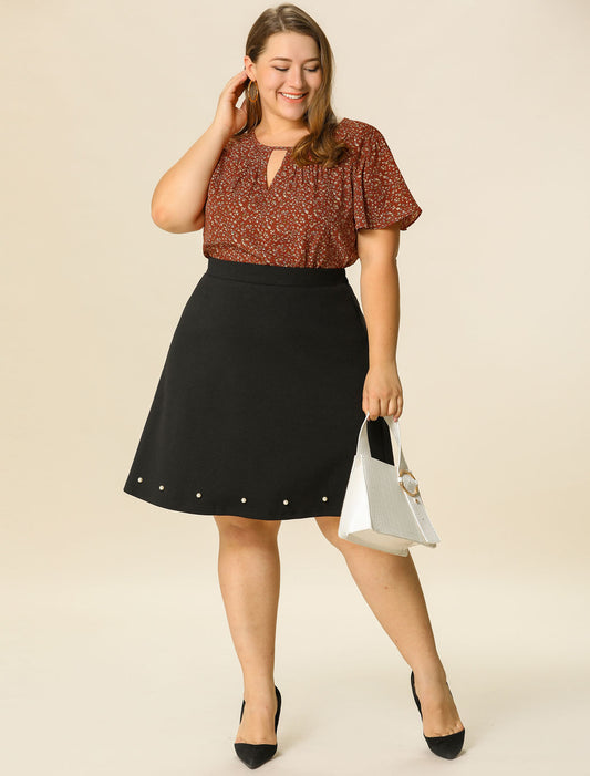 Women's Plus Size Blouses Summer Ruffle Short Sleeve Shirts Keyhole Chiffon Top