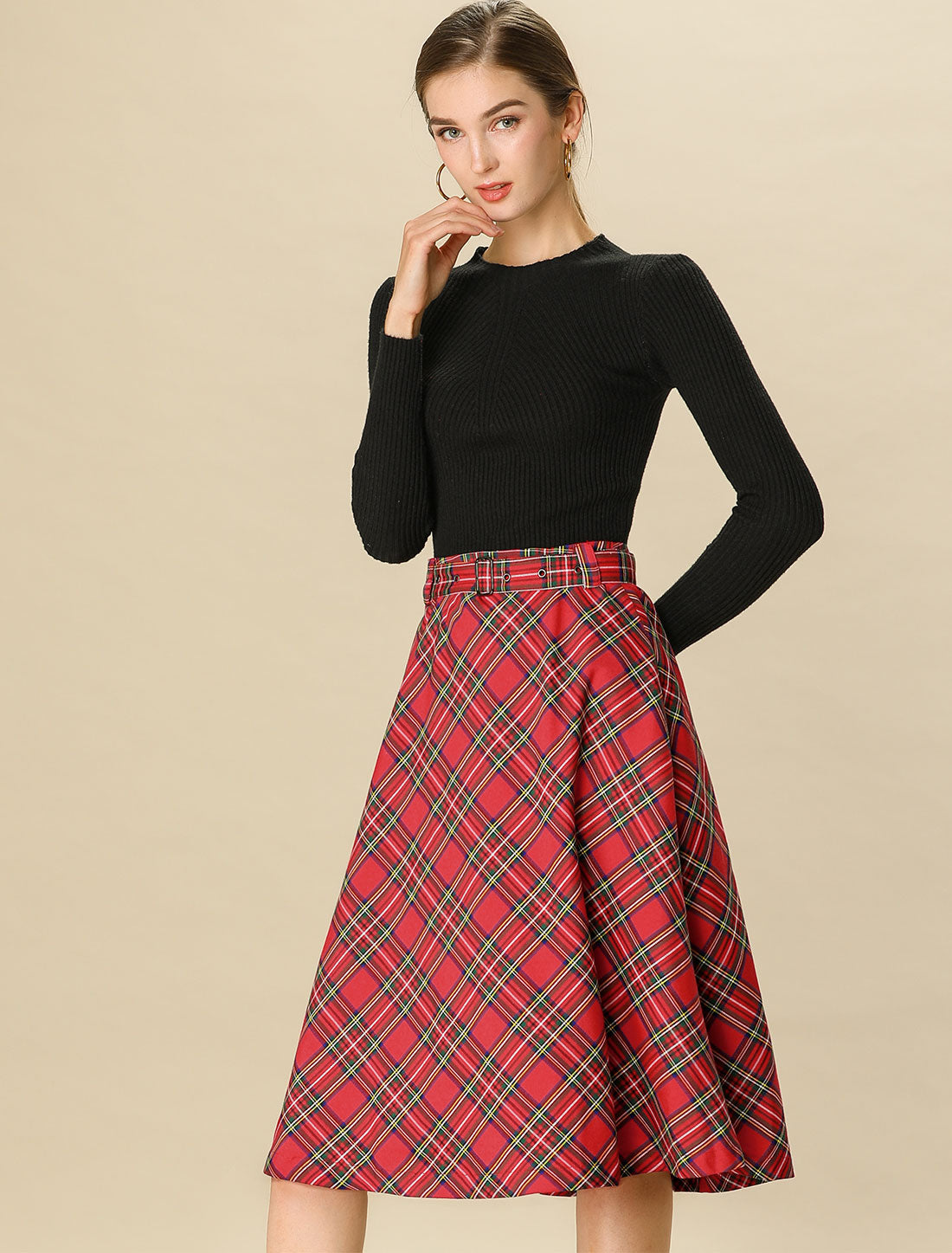 Women's Tartan Plaid High Waist Belted Vintage A-Line Midi Skirt (Available in Plus Size)
