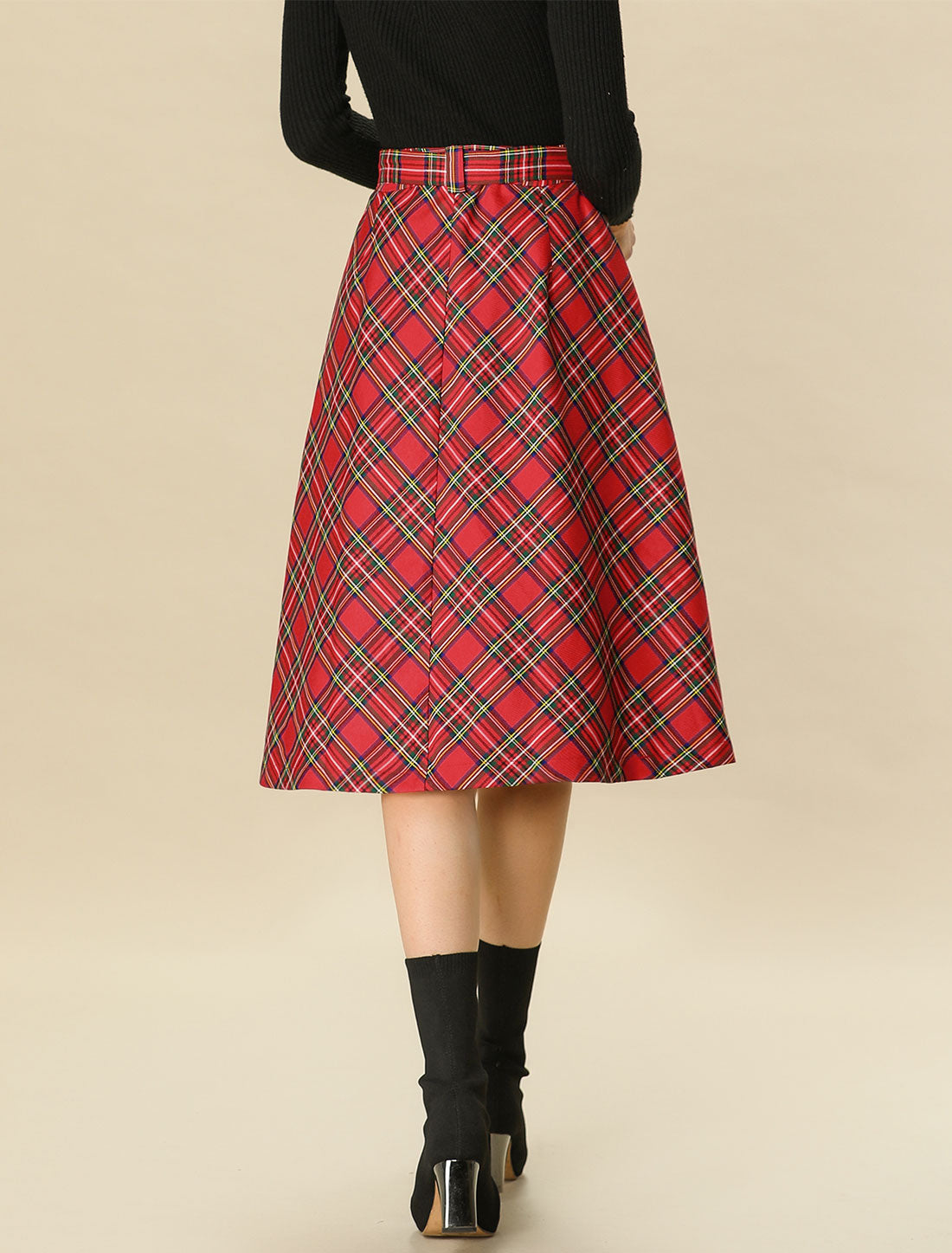 Women's Tartan Plaid High Waist Belted Vintage A-Line Midi Skirt (Available in Plus Size)