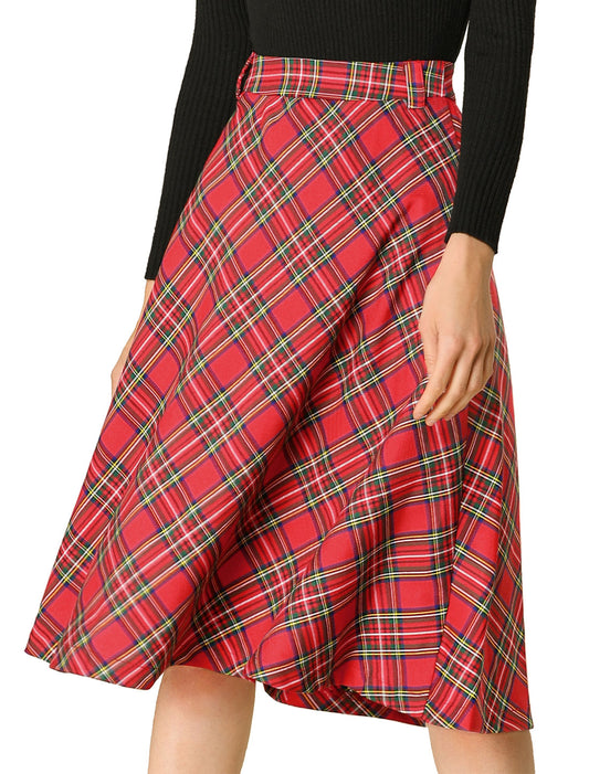 Women's Tartan Plaid High Waist Belted Vintage A-Line Midi Skirt (Available in Plus Size)