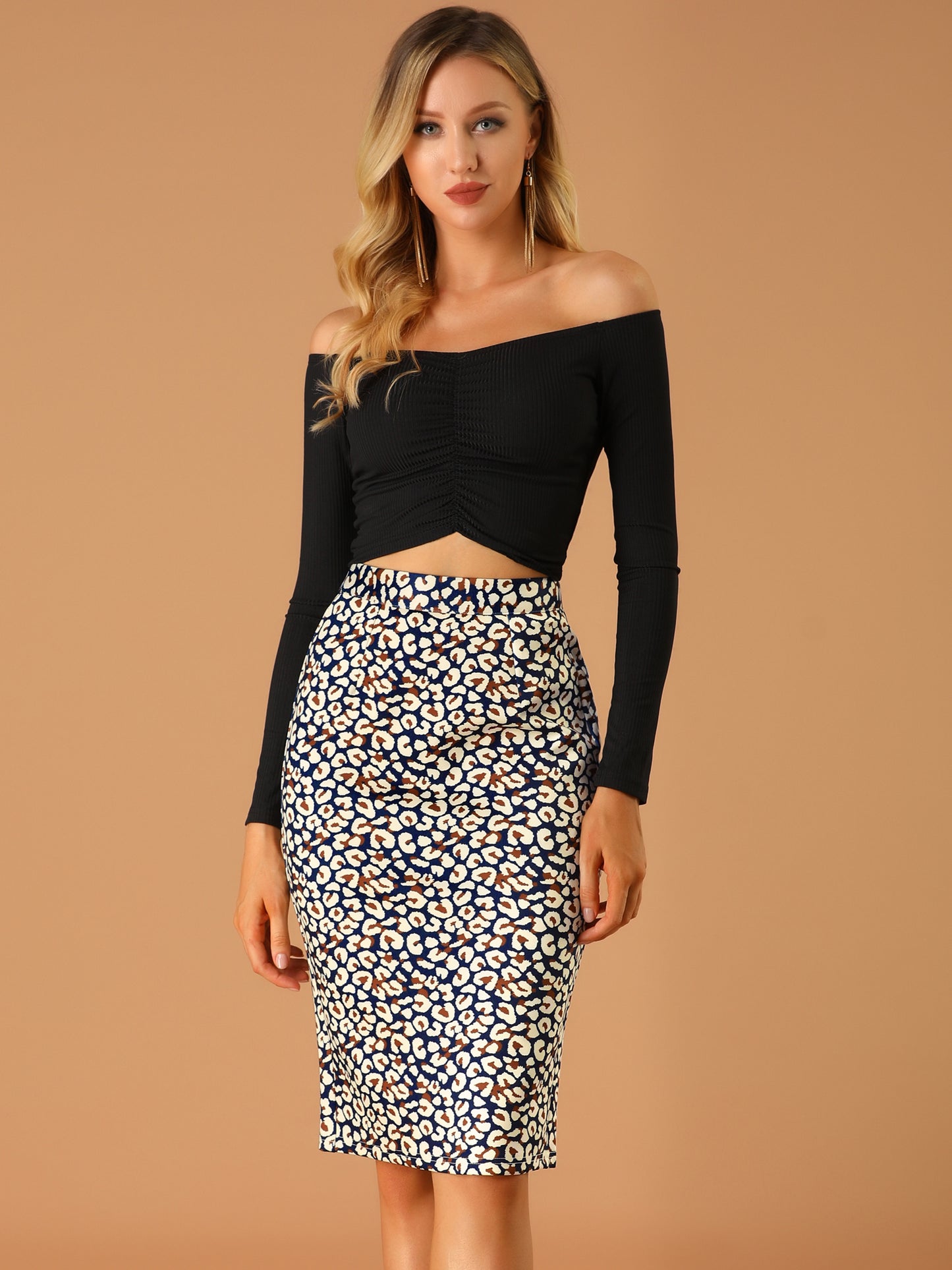 Women's Knee Length Work High Waisted Leopard Pencil Skirt