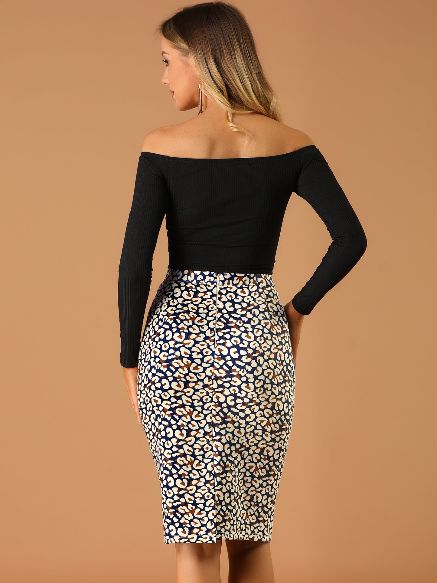 Women's Knee Length Work High Waisted Leopard Pencil Skirt
