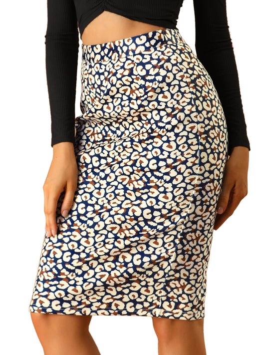 Women's Knee Length Work High Waisted Leopard Pencil Skirt