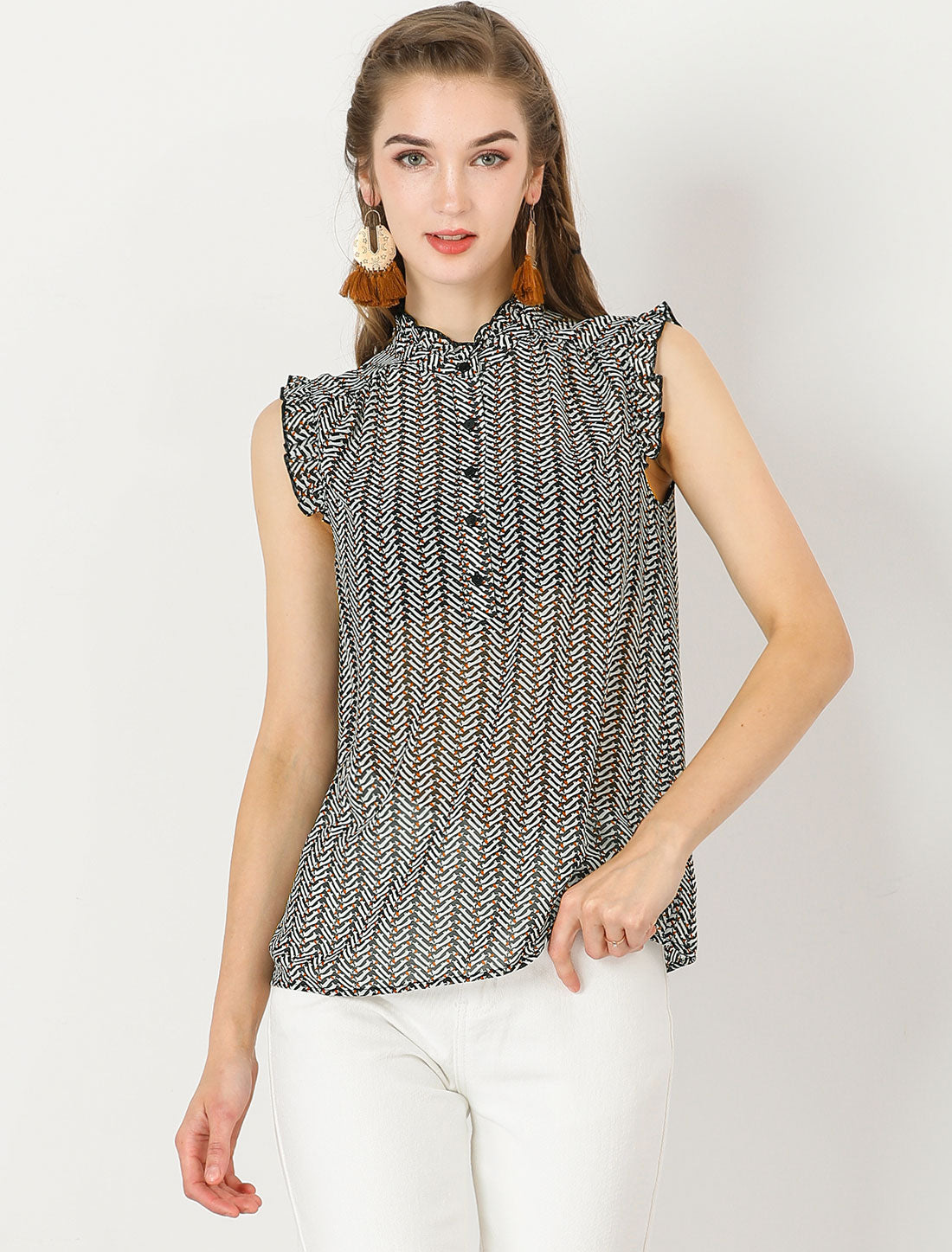 Blusa sin mangas con volantes y botones con estampado de verano para mujer