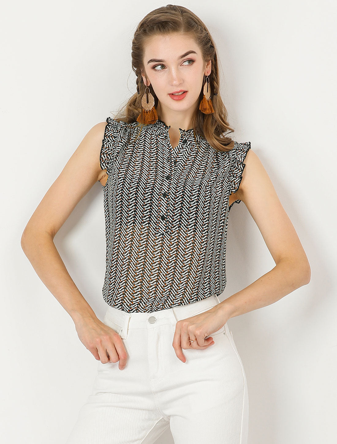 Blusa sin mangas con volantes y botones con estampado de verano para mujer