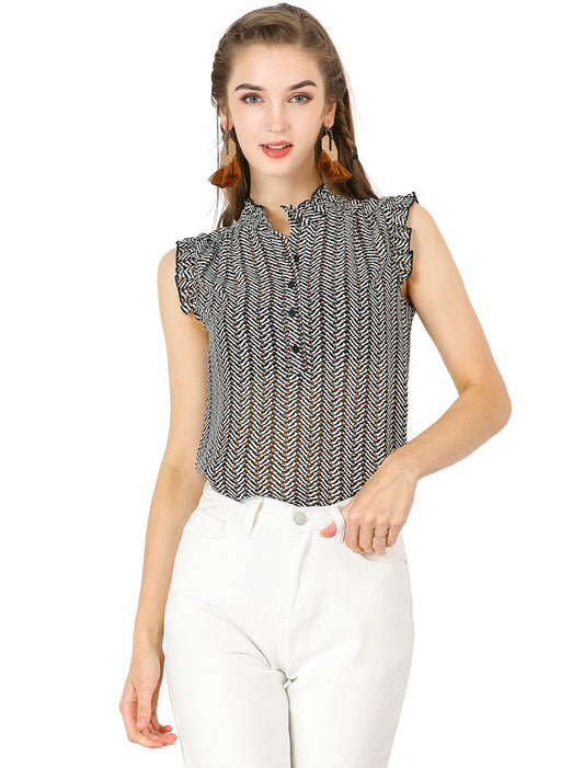 Blusa sin mangas con volantes y botones con estampado de verano para mujer