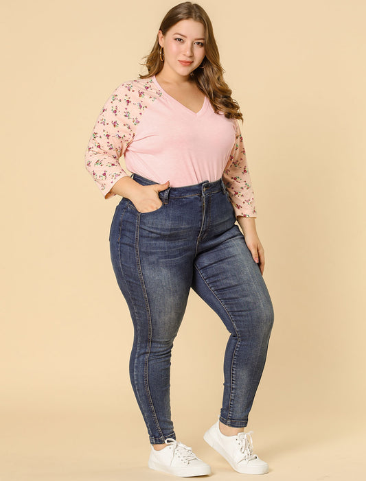 Women's Plus Size Top Casual V Neck 3/4 Sleeve Floral Raglan Top T-Shirt
