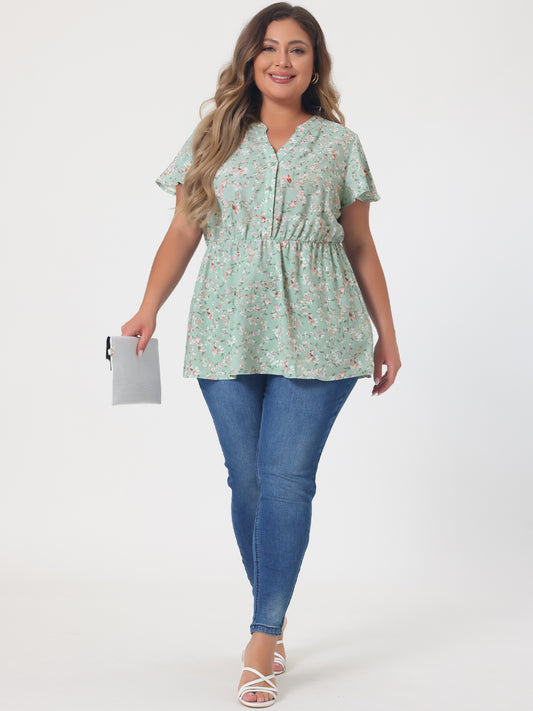 Women's Plus Size Floral Tops Elastic Waist Lightweight Chiffon Blouses Summer Top
