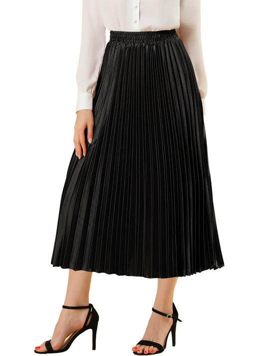 Women's Pleated Midi Skirt Elastic Waist Metallic Shiny Accordion Elegant Skirt (Available in Plus Size)