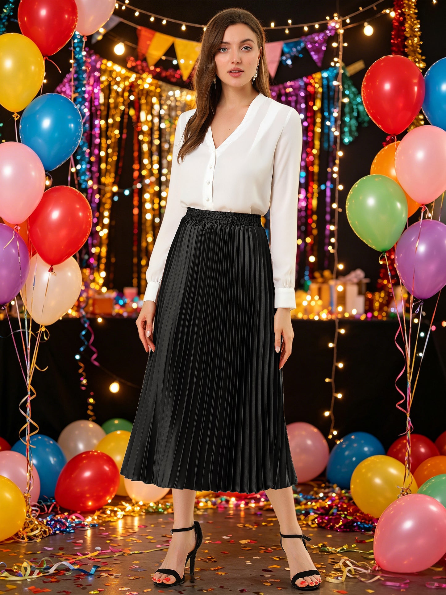 [PACK SALES] Women's 2 Pieces Elastic Waist Metallic Shiny Accordion Pleated Midi Skirt