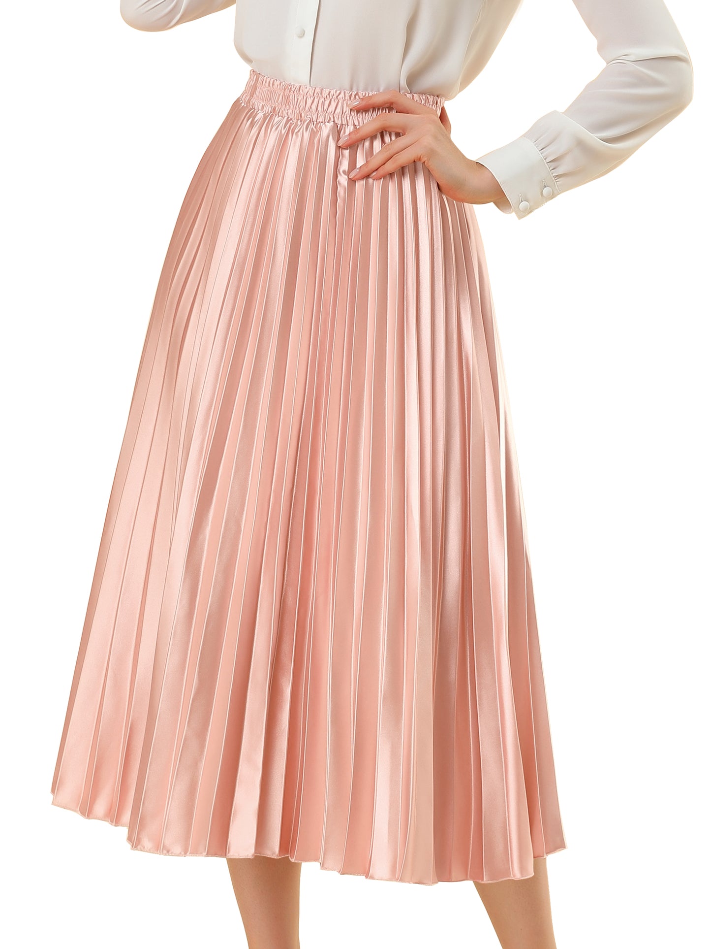 Women's Pleated Elastic Waist Metallic Shiny Accordion Elegant Midi Skirt (Available in Plus Size)