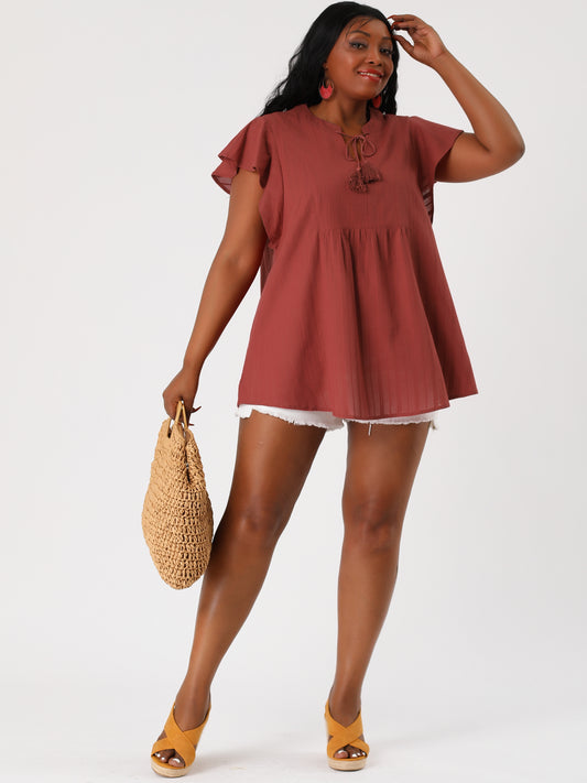 Women Plus Size V Neck Tassel Self Tie Flutter Short Sleeve Blouse Flowy Summer Top