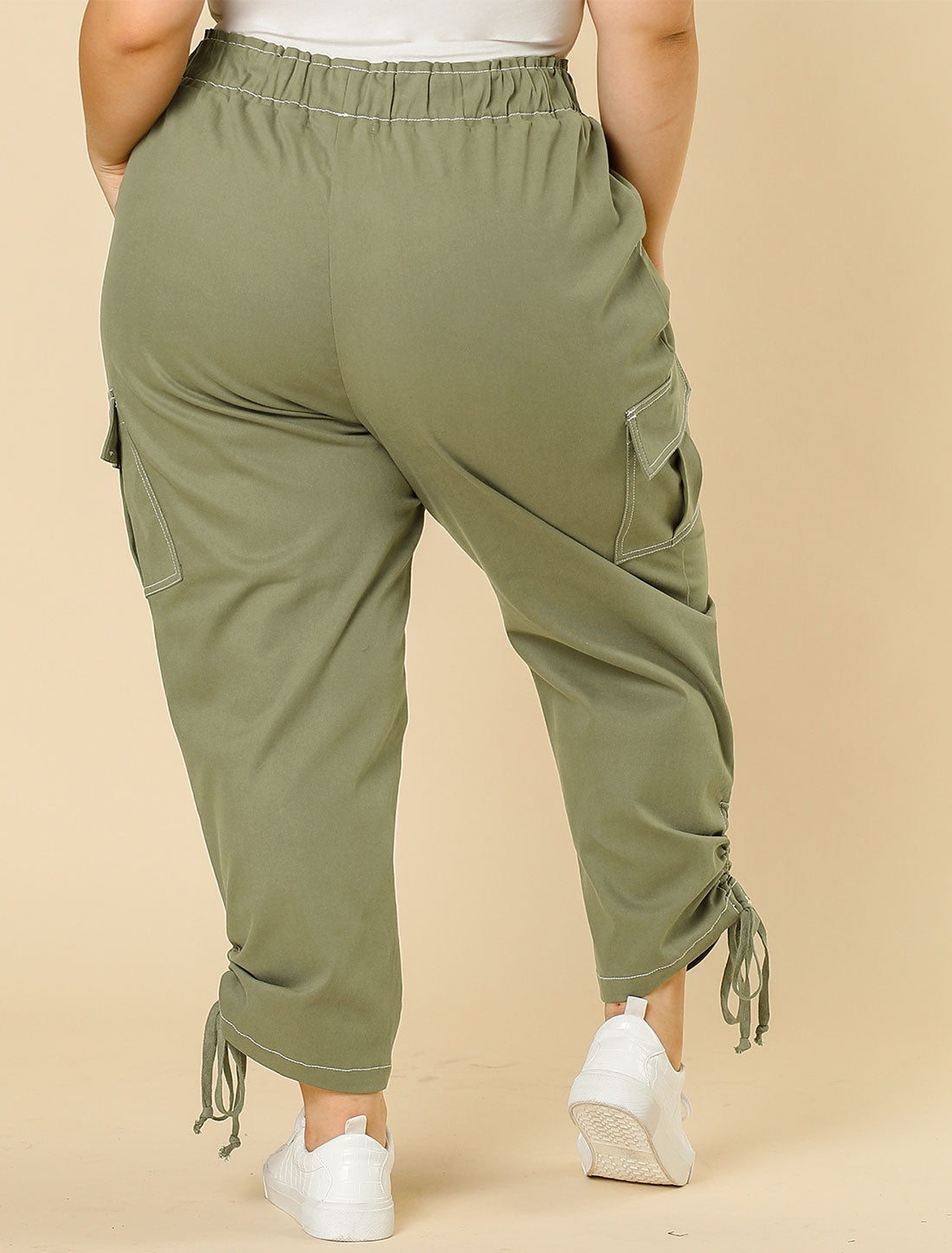 Women's Plus Size Drawstring Elastic Waist Cargo Pants with Pocket