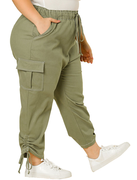 Women's Plus Size Drawstring Elastic Waist Cargo Pants with Pocket