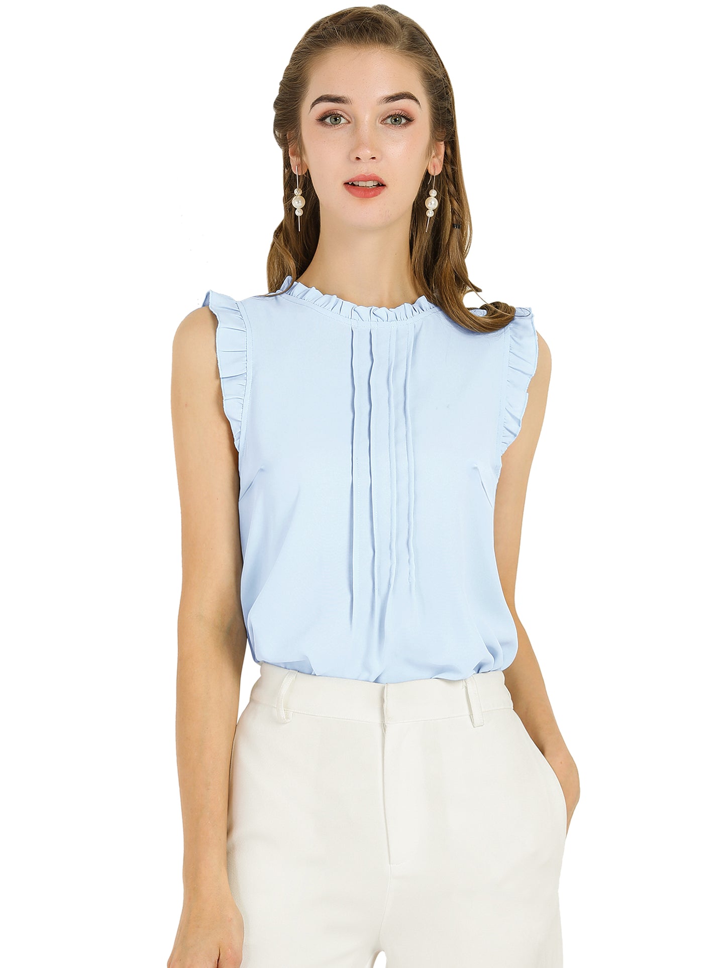 Women's Business Casual Sleeveless Ruffle Blouse Top