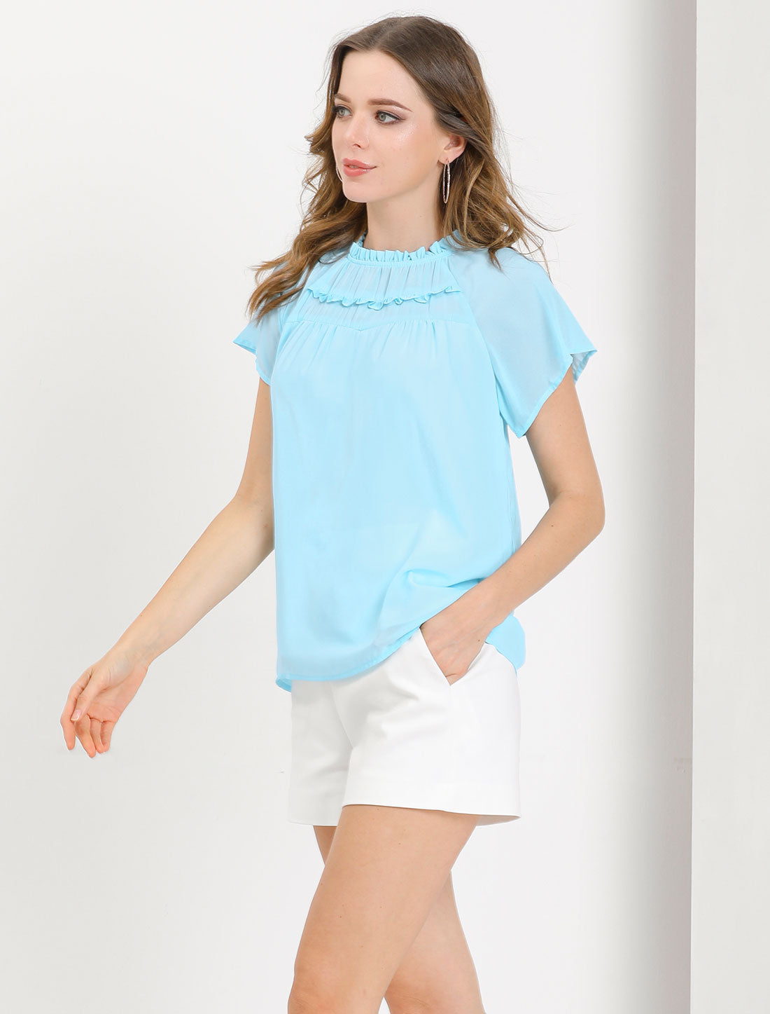 Women's Chiffon Ruffle Collar Short Sleeve Blouse Top