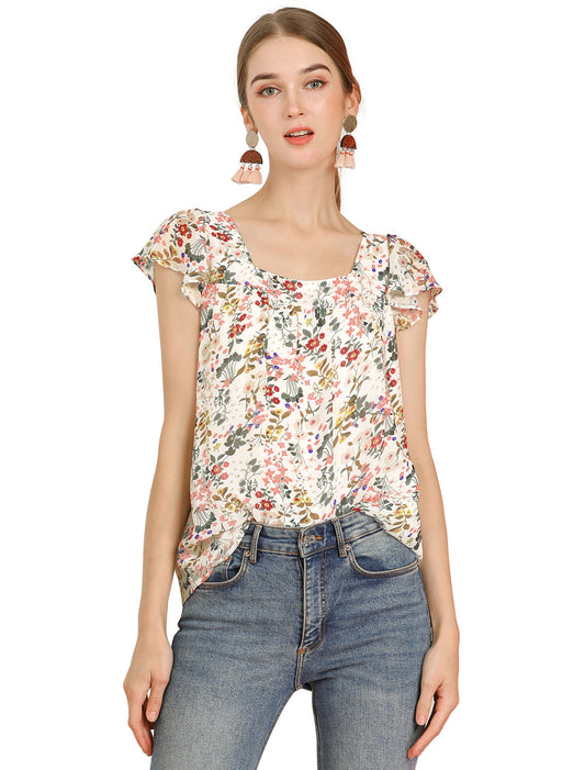 Women's Floral Blouse Summer Casual Square Neck Chiffon Short Sleeve Ruffle Top (Available in Plus Size)
