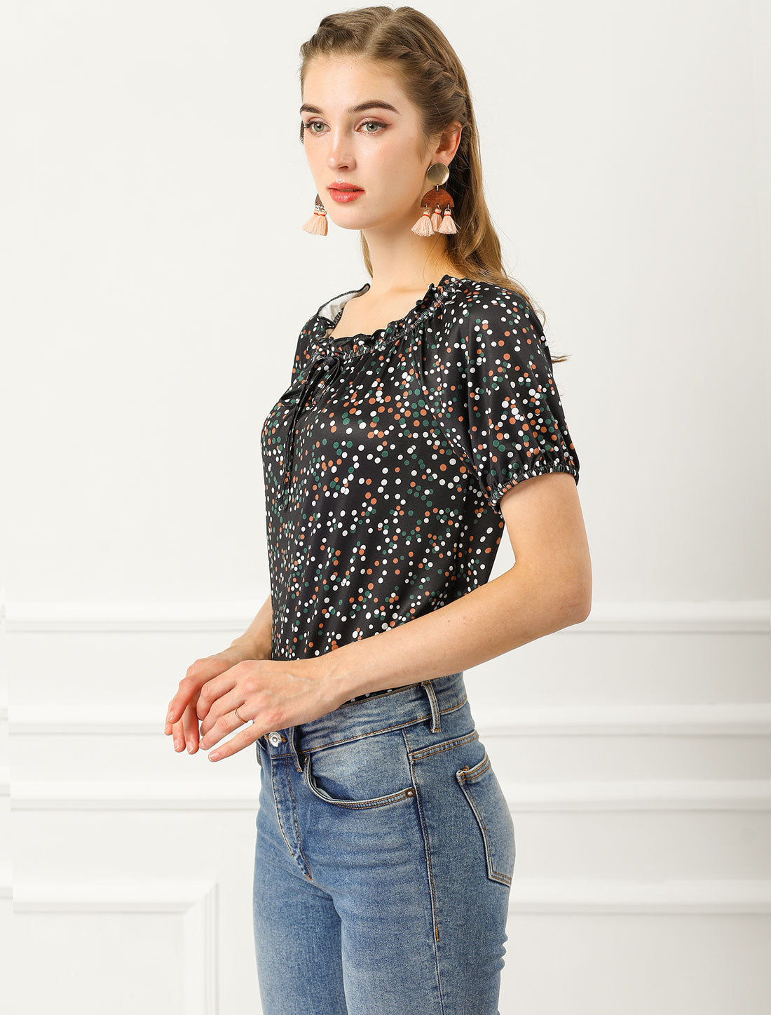 Women's Raglan Short Sleeve Round Neck Summer Dots Print Blouse
