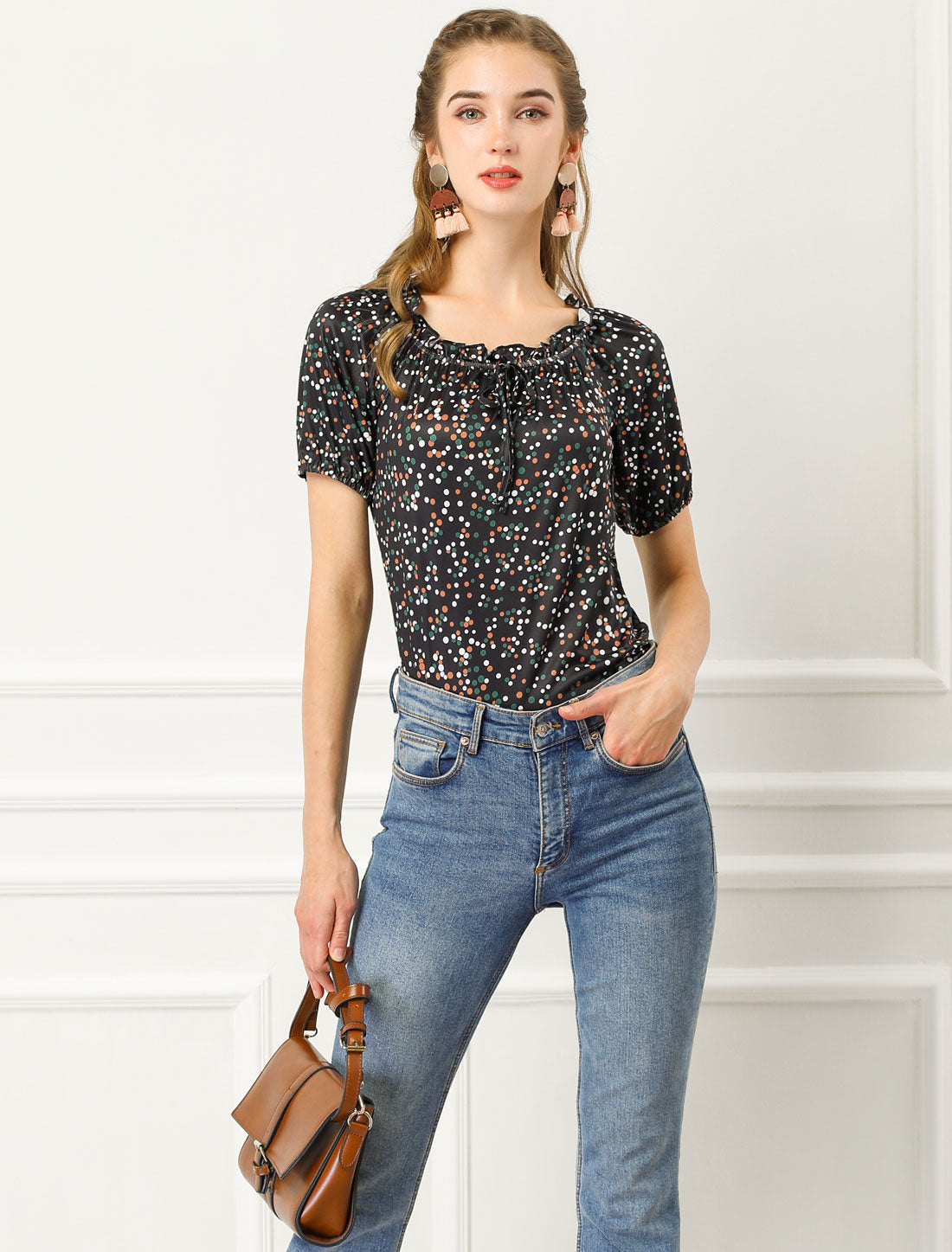 Women's Raglan Short Sleeve Round Neck Summer Dots Print Blouse