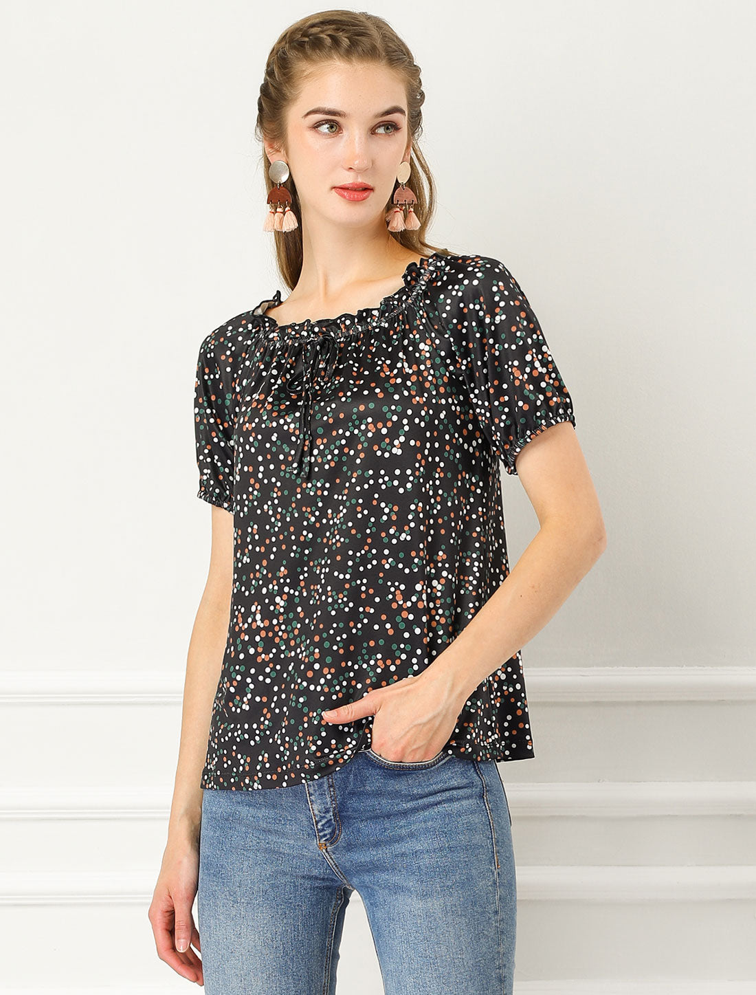 Women's Raglan Short Sleeve Round Neck Summer Dots Print Blouse