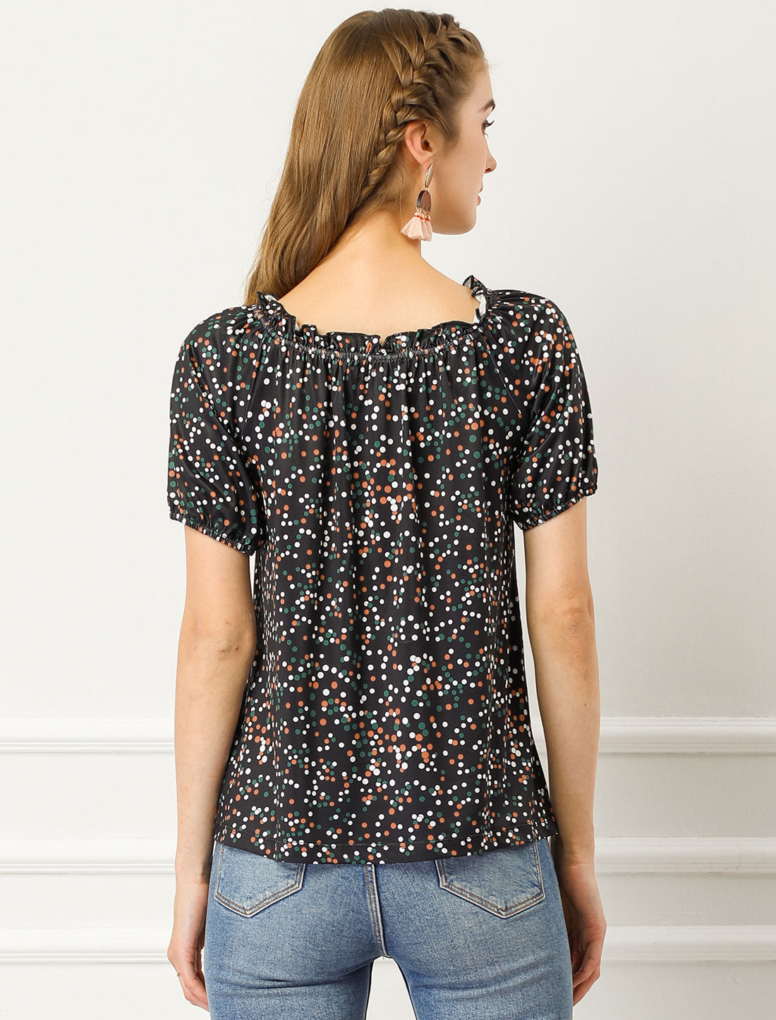 Women's Raglan Short Sleeve Round Neck Summer Dots Print Blouse