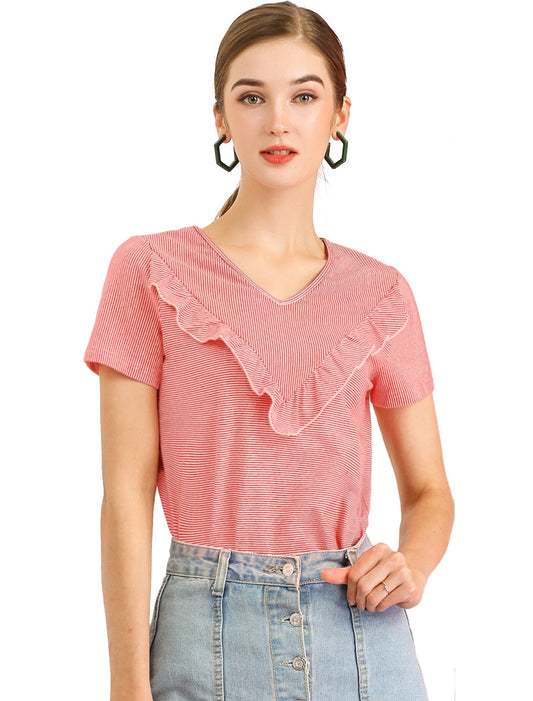 Blusa informal de rayas de manga corta con cuello en V y volantes para mujer