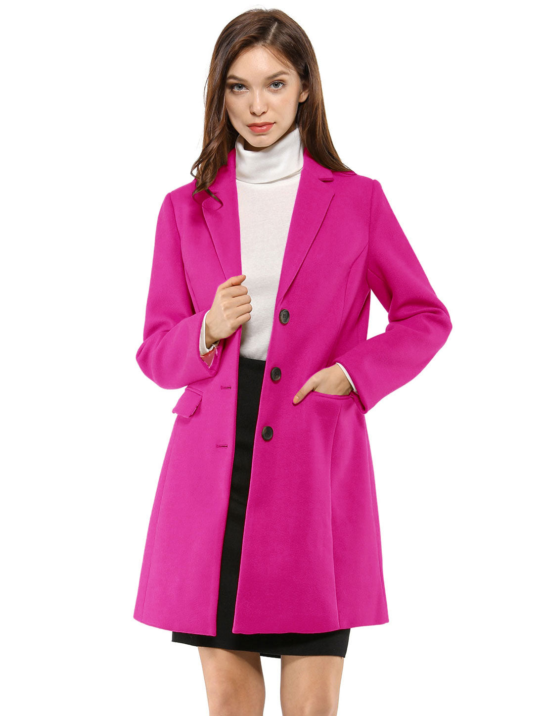 Allegra K Notched Lapel Single Breasted Outwear Winter Coat Hot Pink