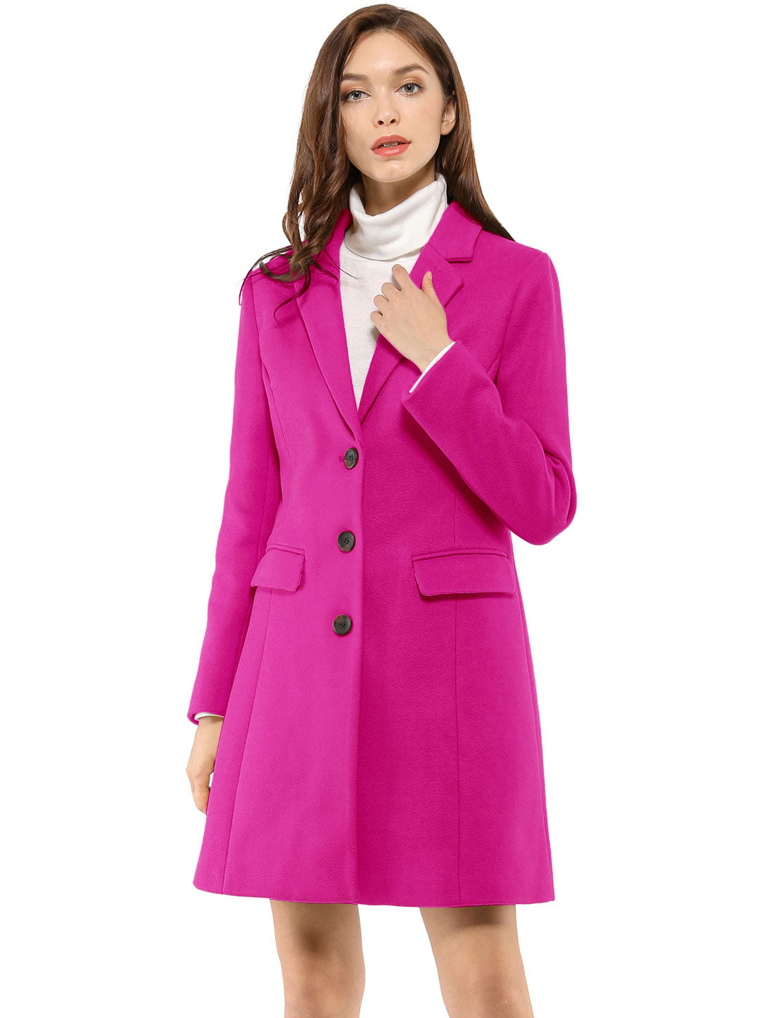 Allegra K Notched Lapel Single Breasted Outwear Winter Coat Hot Pink