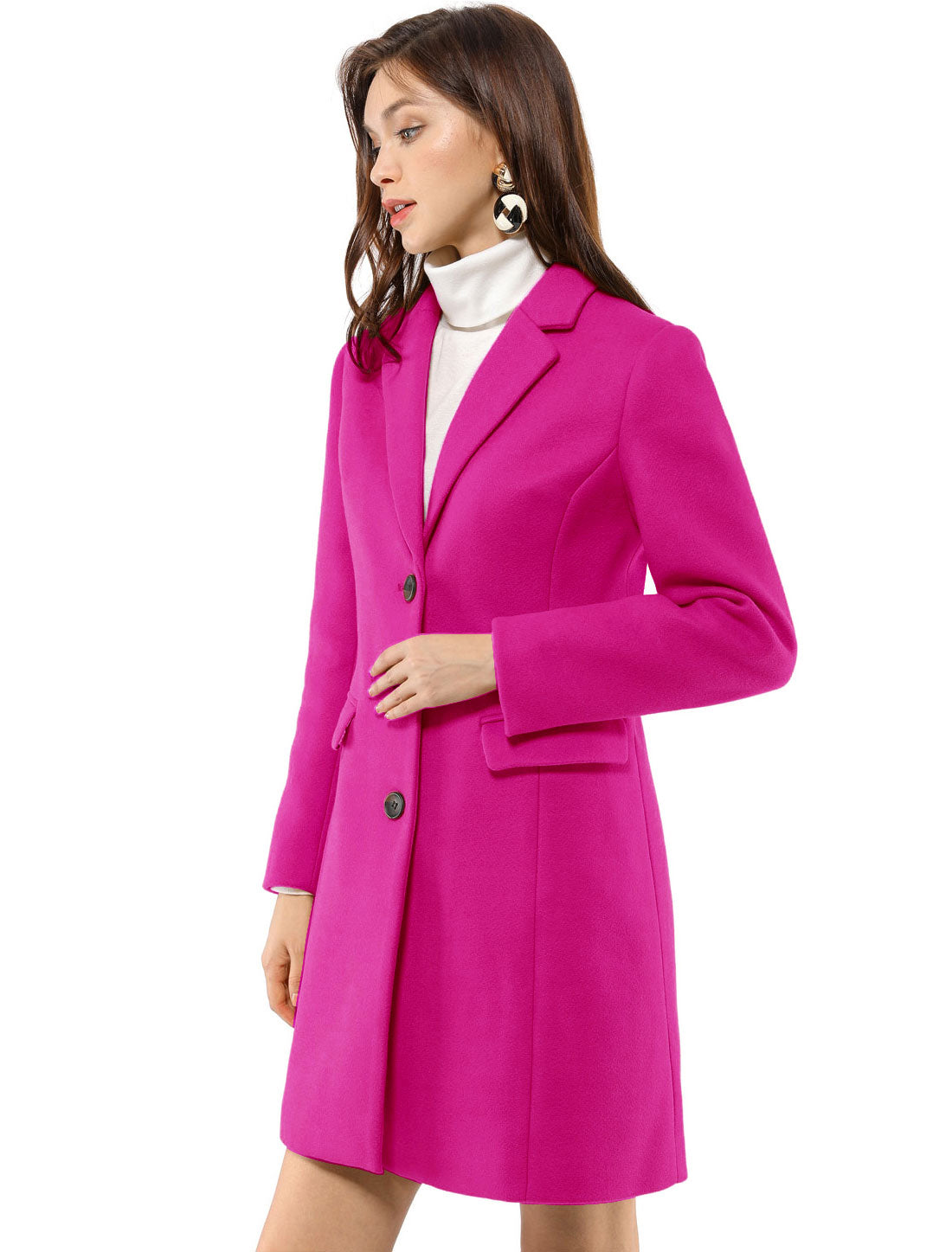 Allegra K Notched Lapel Single Breasted Outwear Winter Coat Hot Pink