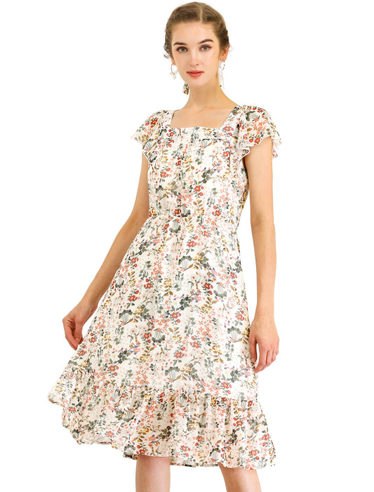 Women's Midi Floral Chiffon Dress Flutter Sleeve Belted Square Neck Ruffled Dress (Available in Plus Size)