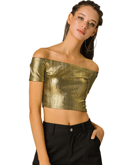 Women's Off Shoulder Party Club Slim Fit Shiny Metallic Crop Top